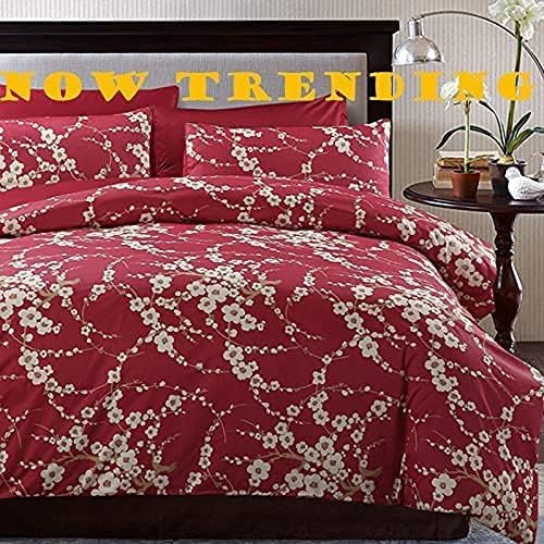 Brandream Japanese Oriental Style Cherry Red Blossom Floral Branches Print Duvet Quilt Cover 800tc Cotton Kids Girls Bedding 3 Piece Set (Twin)
