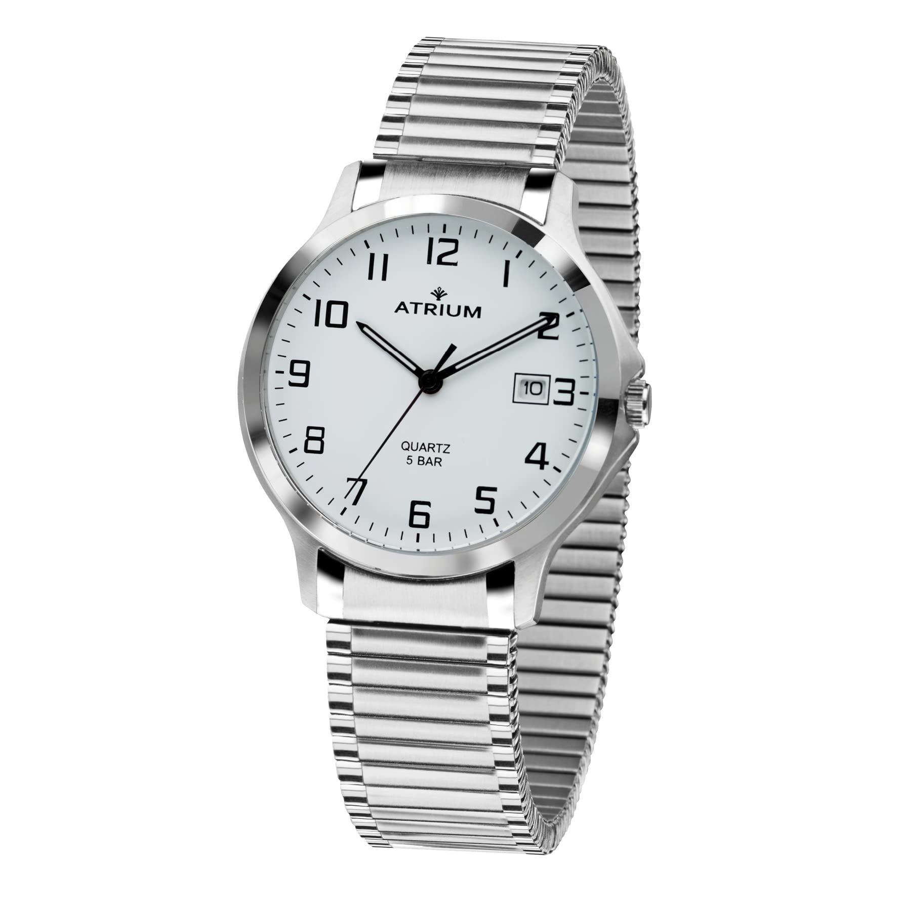 Atrium Herren Armbanduhr Edelstahl Analog Quarz mit Datum Anzeige und Edelstahl Zugband Flexband Silberfarben A12-50
