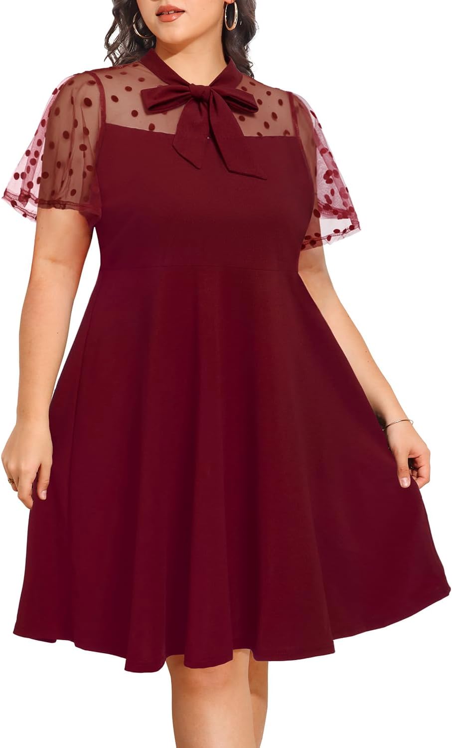 Pinup Fashion Women's Plus Size Contrast Mesh Short Sleeve Bow Tie Neck Cocktail Party Elegant A-Line Dress