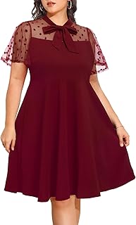 Women's Plus Size Contrast Mesh Short Sleeve Bow Tie Neck Cocktail Party Elegant A-Line Dress - Buy now