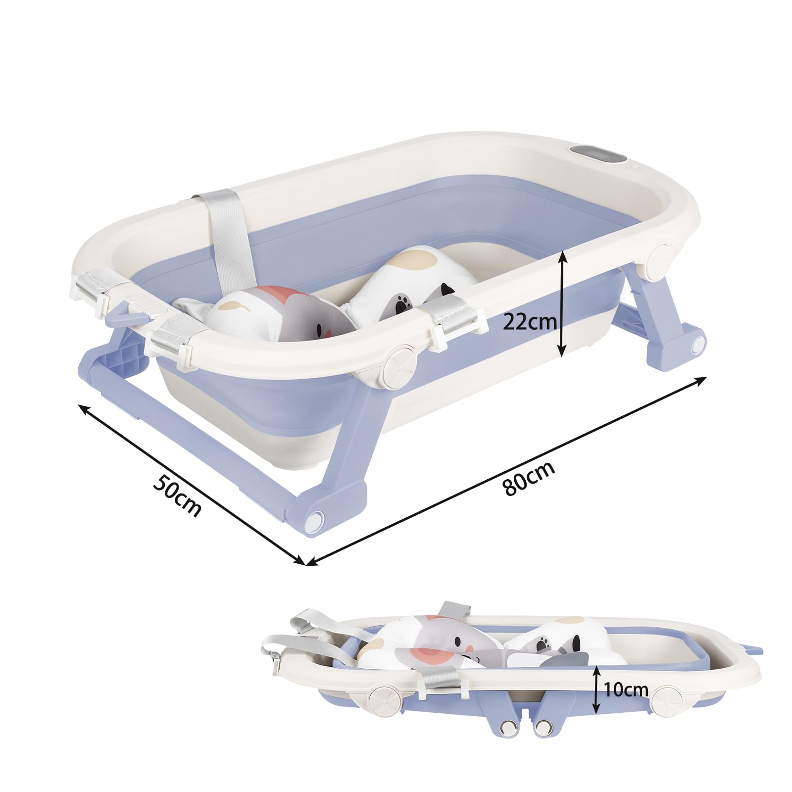 Bañera plegable para bebé con cojín antideslizante, termómetro incorporado, diseño portátil para el hogar y los viajes, XXL Benoire para bebé de baño, fácil de limpiar (azul, 80 x 50 x 22 cm)