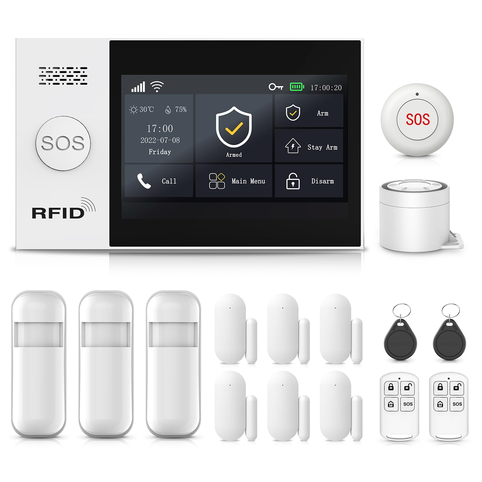 4.3'' Pantalla Táctil Alarm Kit de 16 Piezas, 4G/WiFi Sistema de Seguridad para el Hogar con Sirena de 120DB, Sensores de Ventana de Puerta, Detector de Movimiento, Controles Remoto