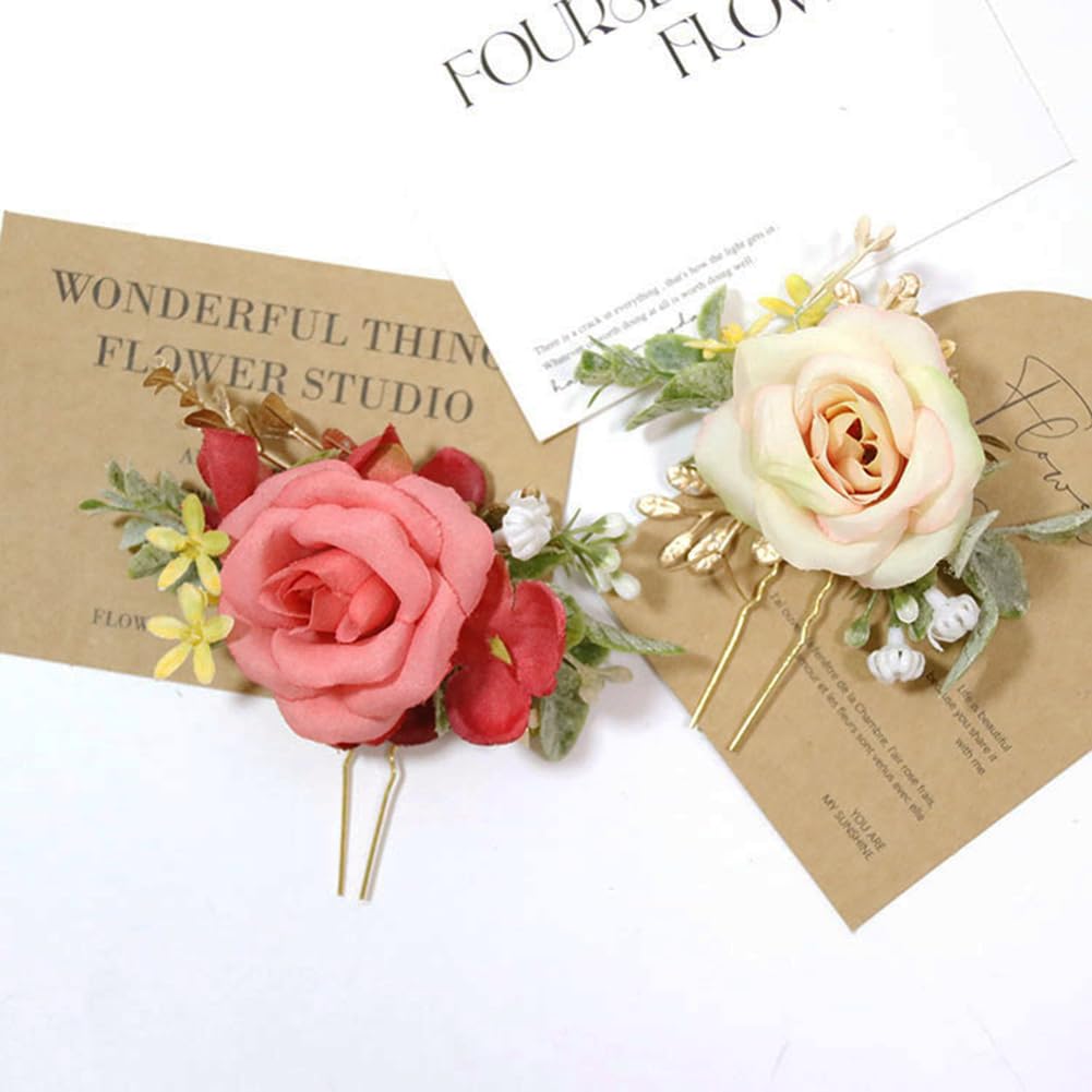 MAFELOE Women Hair Side Comb Artificial Flower Accessories for Bridal Wedding-Red+Pale Pink 1 Pair