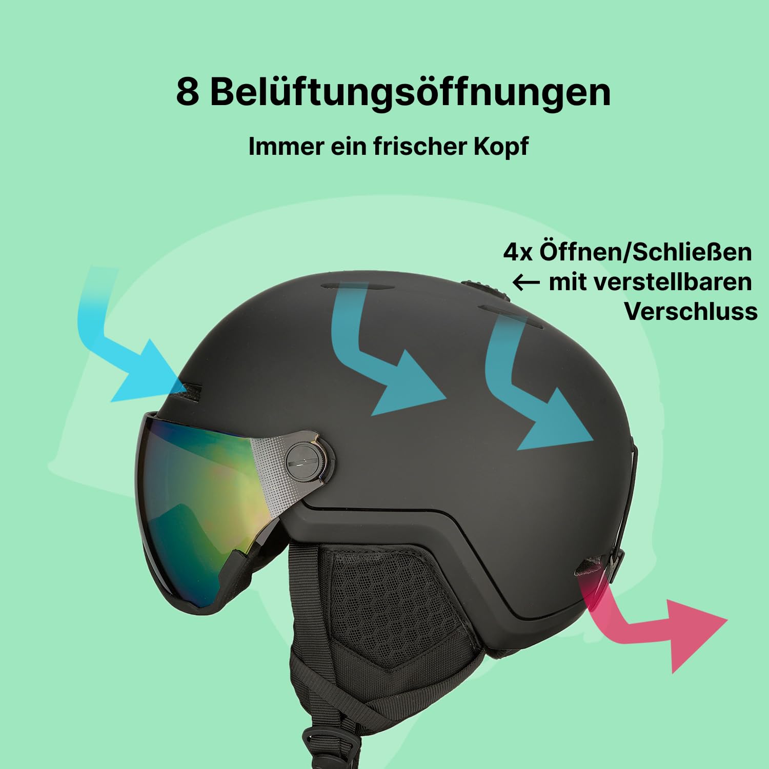 GOOFF Xtreme Casco da sci con visiera – Casco da sci con occhiali da sci – Ventilazione utilizzabile anche con i guanti sul casco, cuscinetti auricolari rimovibili per le giornate calde – offre la