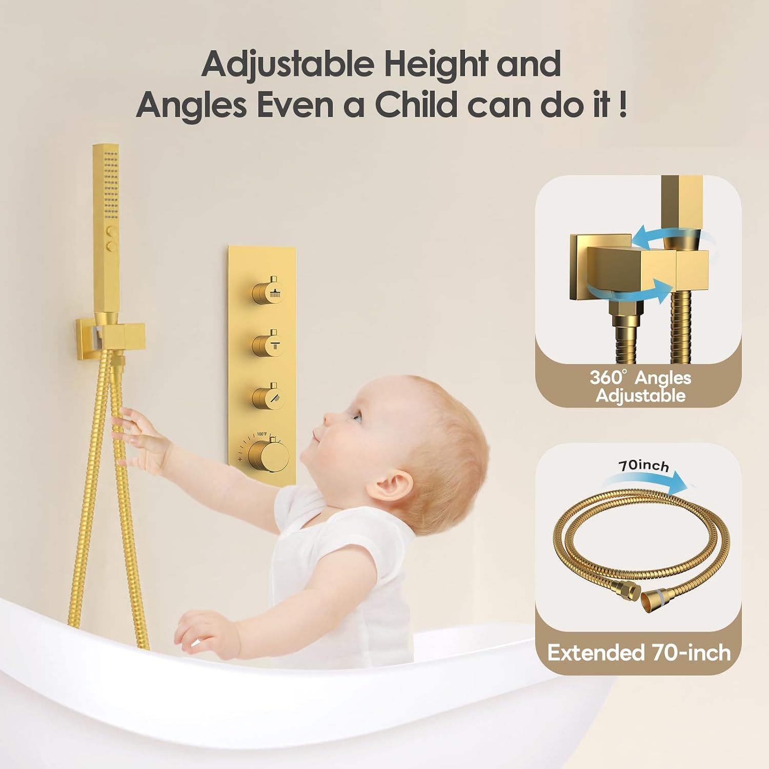 Shower Faucet Set,Thermostatic Shower System Brushed Gold,12 Inch Ceiling Mounted and 6 Inch Wall Mount Rain Shower Head with 2 in 1 Handhled,High Pressure Dual Shower Head Combo Set