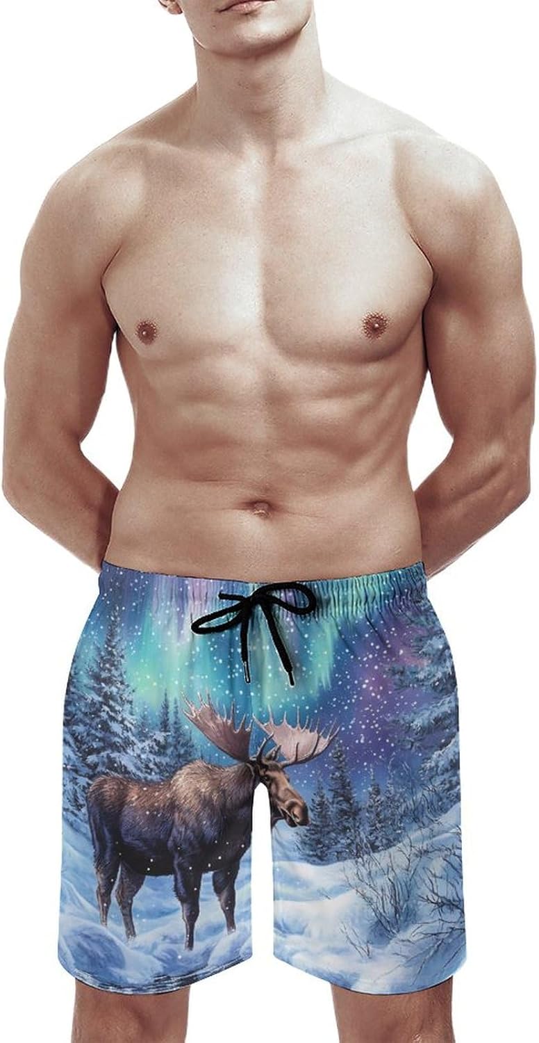 Alaskan Moose with Aurora Borealis Casual Men's Swim Trunks Novelty Summer Beach Shorts Swimwear with Pocket