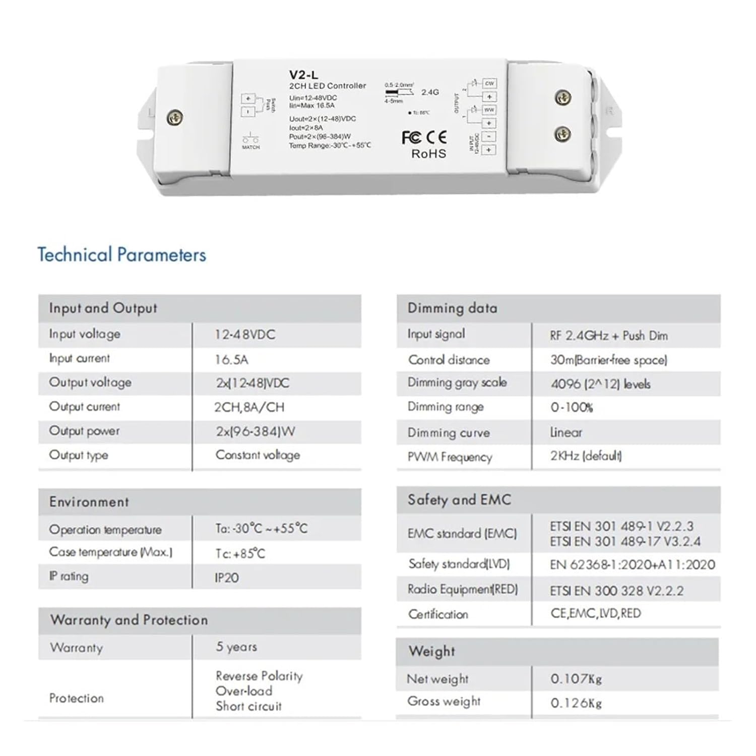 V2-L LED Controller 12-48V 2CH 16A 2.4G Remote Control WW CW LED Dimmer Switch for CCT Dual White LED Light Strip(V2-L only)