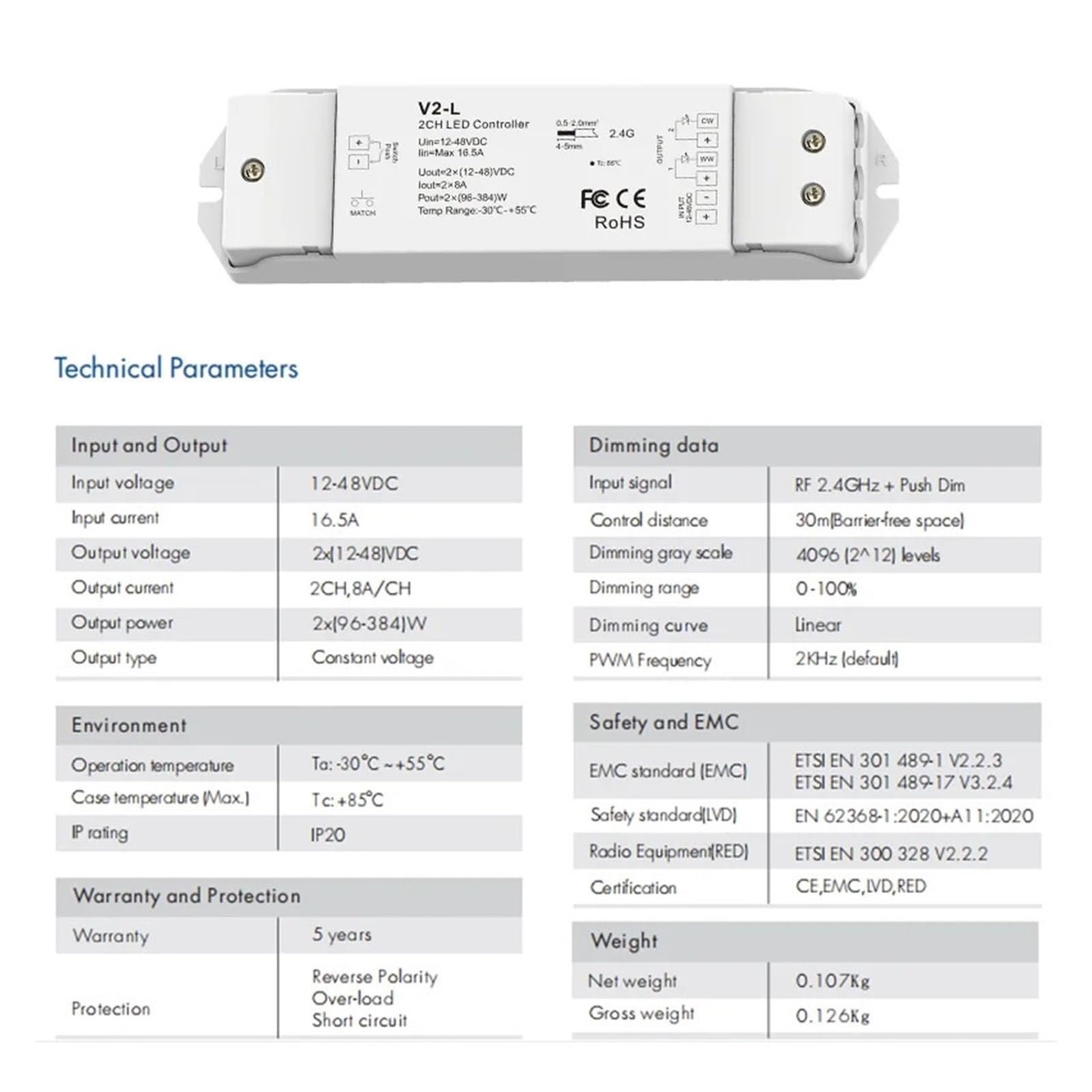 Kontroler LED V2-L 12-48V 2CH 16A 2,4G pilot zdalnego sterowania WW CW ściemniacz LED do CCT Podwójna taśma LED biała (V2-L i R12)