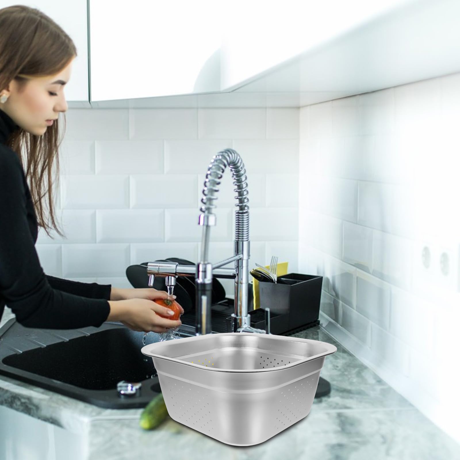Colador de Acero Inoxidable Malla Fina y Gran Capacidad para Escurrir Verduras y Frutas en Cocina, Lavabo Cuadrado de 30 CM para Uso Doméstico y Profesional