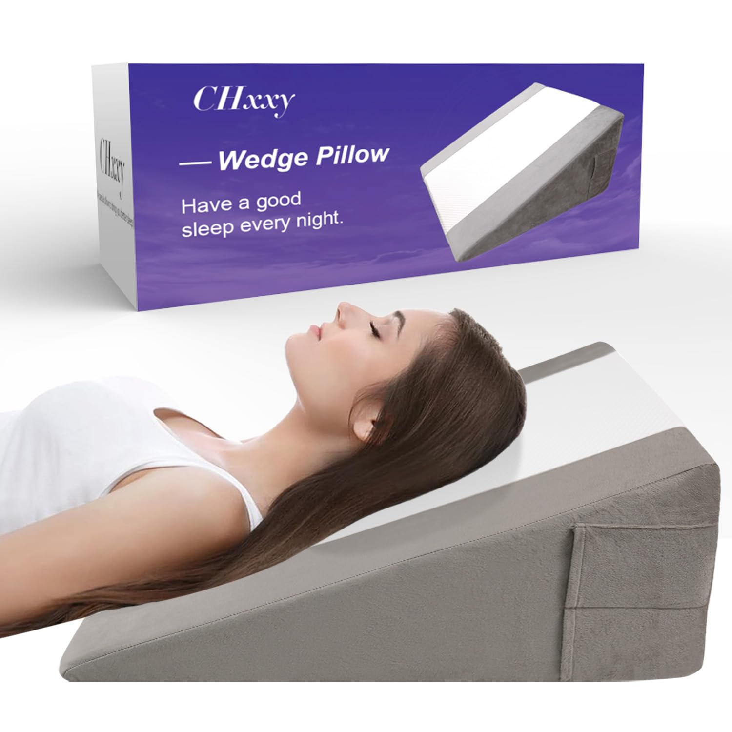 Premium Foam Wedge Pillow for Sleep, Sleeping Comfort & Support, Acid Reflux, Relaxing, Resting and Back Pain Relief, Back Pillow for Bed Sitting Up with Removable Washable Cover Grey&white