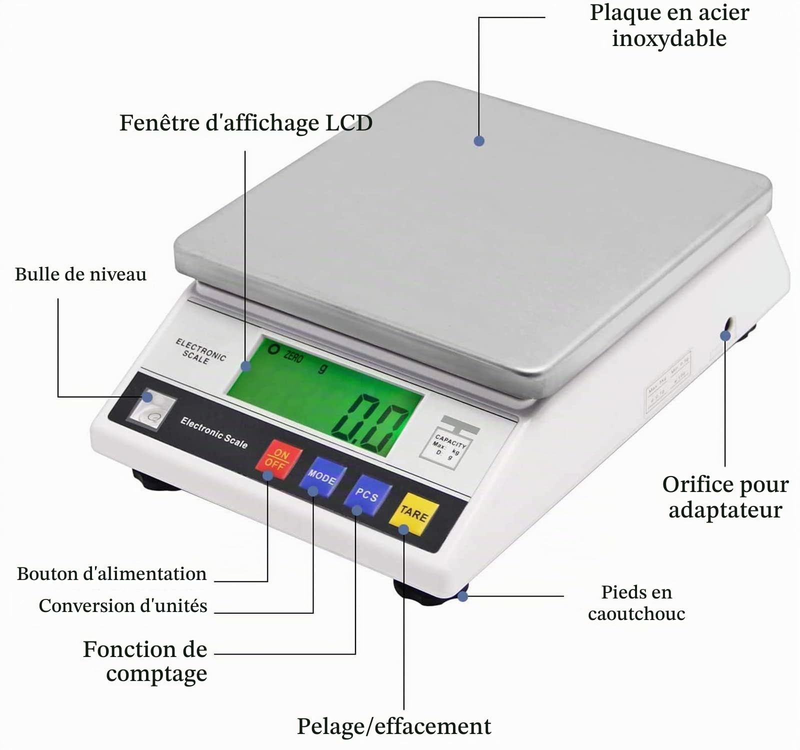 Balance de précision - Balance d'analyse de laboratoire - Balance électronique - Balance de bijoux - Balance de cuisine - Calibrage 7500 g/0,1 g