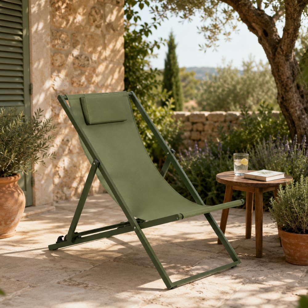 Sedia A Sdraio Pieghevole In Alluminio Verniciato Verde, Telo In texilene, Schienale Reclinabile 3 Posizioni, 60 x 101 x 35 Cm Per Giardino E Piscina