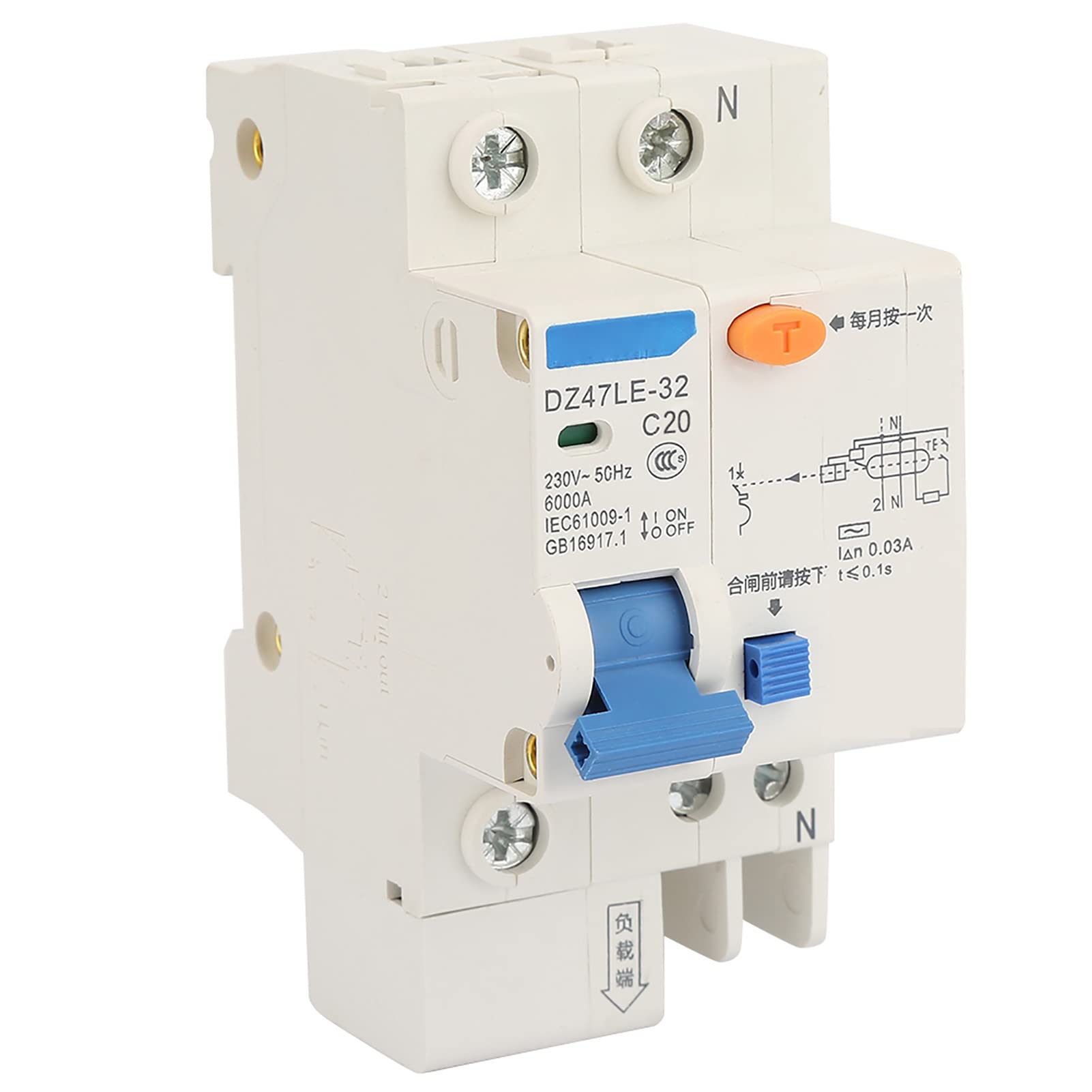 DZ47LE-32 1PN Miniature Circuit Breaker – 20A 230V Earth Leakage With Overload & Short Circuit Protection, 30mA Sensitivity