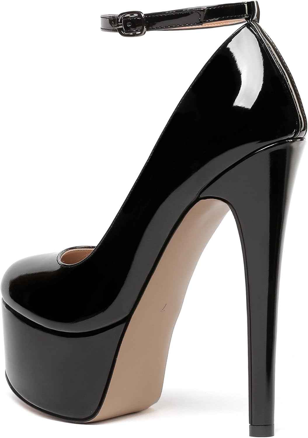 WAYDERNS Women's Round Toe Patent Platform Ankle Strap Stiletto Super High Heel Pumps Shoes 6 Inch