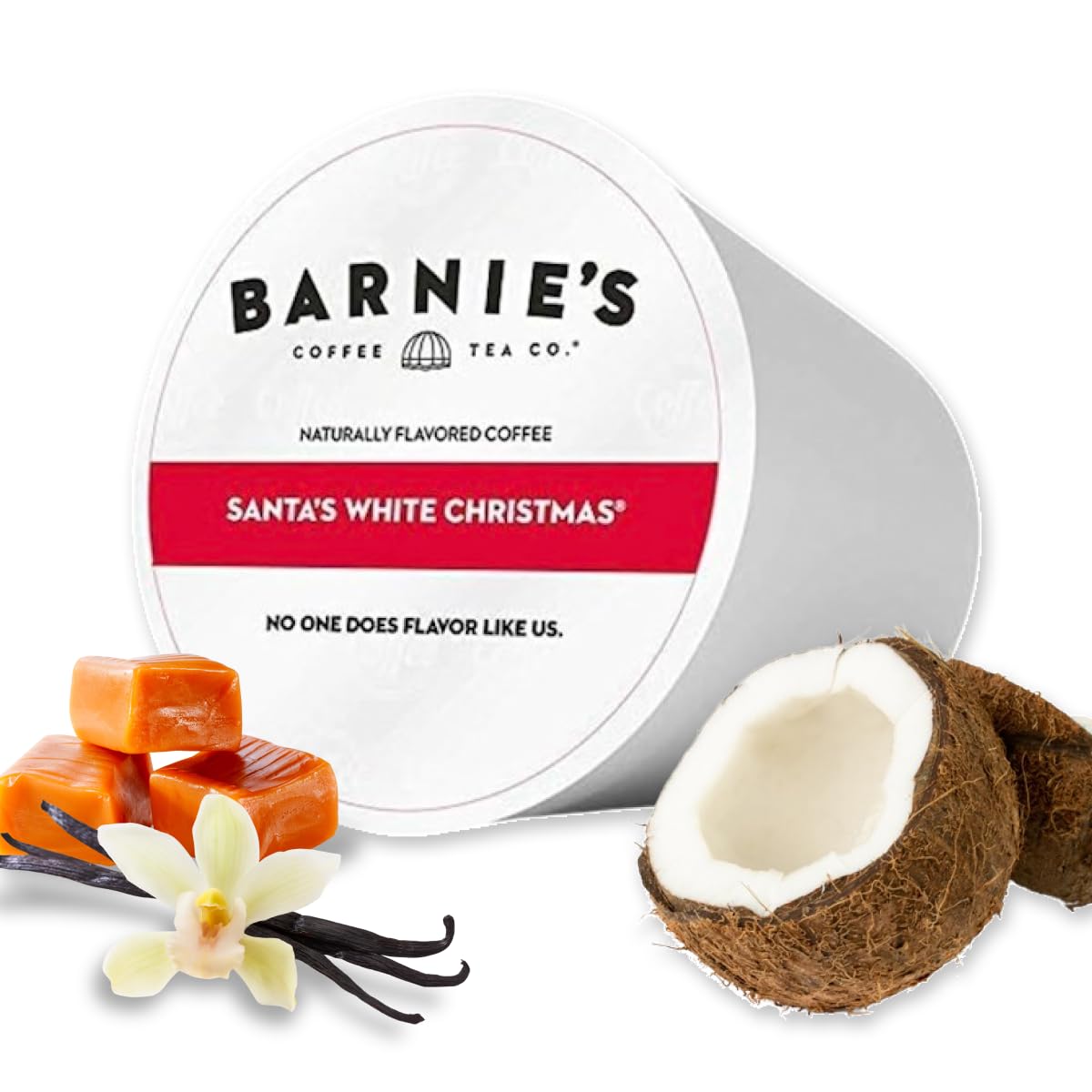 Barnie's Santa's White Christmas Coffee Pods Compatible with Keurig Brewers - A Festive Holiday Coffee Blend of Coconut, Vanilla, and Caramel Flavors - 48 count