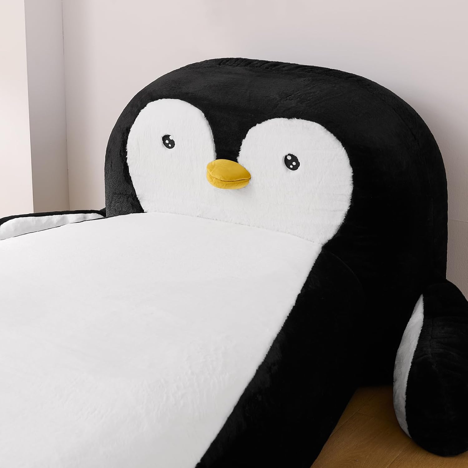 Twin Size Kids Daybed with Penguin Shaped & Headboard, Upholstered Faux Fur Cloud Boneless Memory Foam Bed Mattress, Platform Floor Sofa Couch Bed Frame for Girls, Boys, Teenager, No Assembly Required
