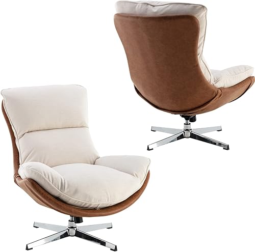 Miniatura 10 de LukeAlon Silla giratoria de lino, silla tapizada de respaldo alto con base de metal, cómoda silla reclinable moderna para sala de estar, oficina,