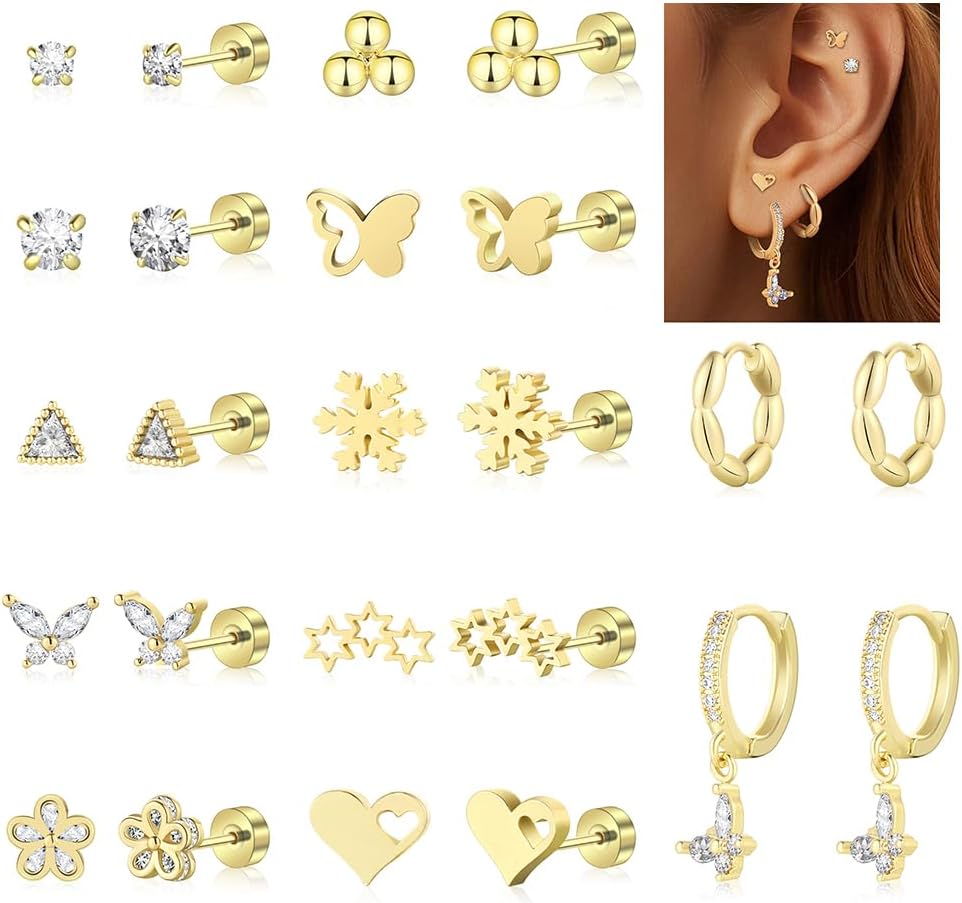 Wgoud 12 Pairs Hypoallergenic Surgical Steel Earrings for Sensitive Ears Waterproof Trendy Gold Plated Small Stud Flat Back Stainless Steel Earrings for Women Men Hoop Cartilage Earring Set for Multiple Piercing
