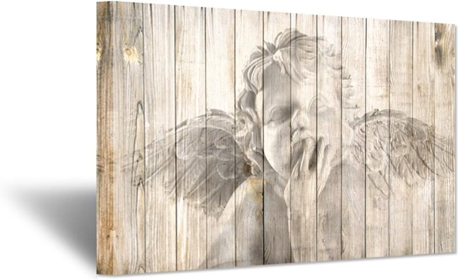 Religion Wall Art Christian Newborn Cute Angel Baby With Wings On Yellow Wood Background Vintage Style Picture Print On Canvas For Living Baby Room Wall Decoration 24x36inch