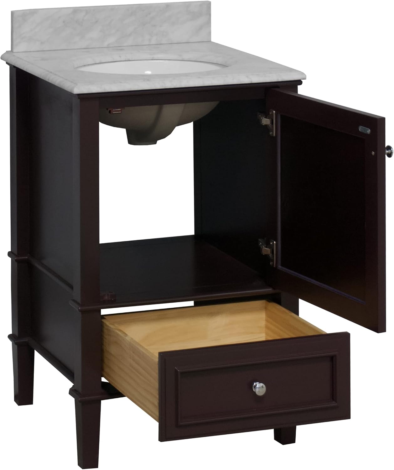 Olivia 24-inch Bathroom Vanity (Carrara/Chocolate): Includes Chocolate Cabinet with Authentic Italian Carrara Marble Countertop and White Ceramic Sink