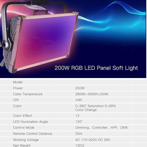 200W Full Color RGB LED Panel Continuous Video Soft Light 2800-9990k APP Control Dimming with 12 Color Effect PK ARRI S30 for St (200W RGB Light)