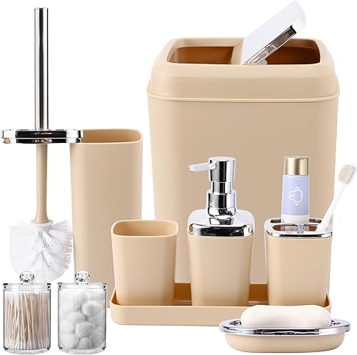 Juego de accesorios de baño beige de 9 piezas, juego de baño de plástico con basura, dispensador de jabón, soporte para cepillos de dientes, taza