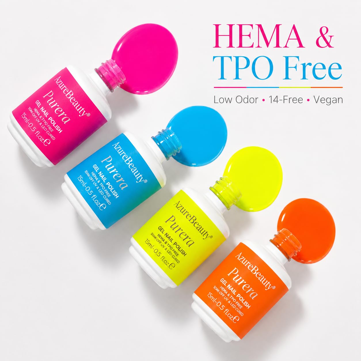 AzureBeauty 6 Colors 15ml HEMA Free Neon Purera Gel Nail Polish Set, Same Color Bottles Soak Off UV LED Gel Polish Kit DIY at Home Manicure Salon Gifts, Summer Green Yellow Orange Hot Pink Blue Purple