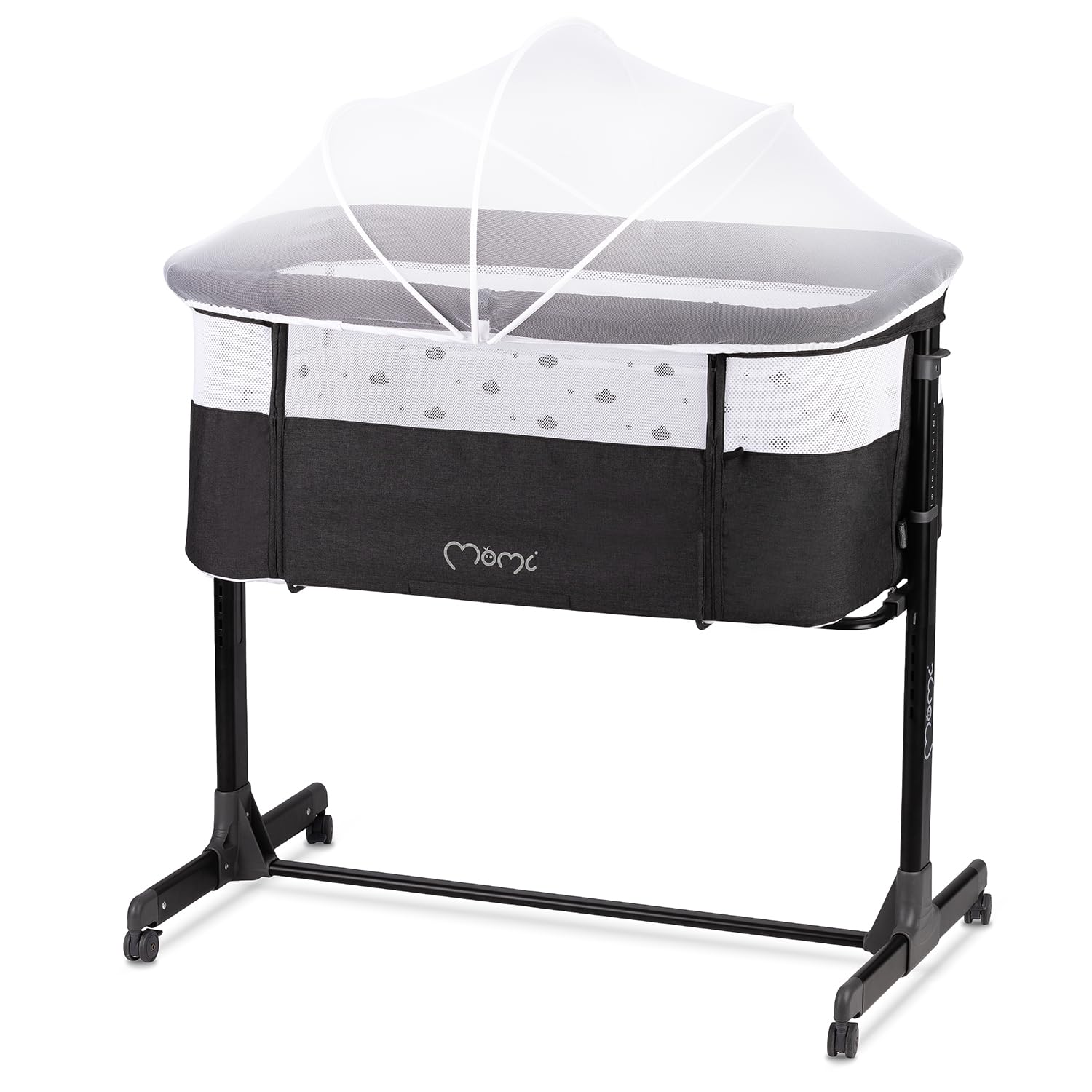 Momi REVO Lettino multifunzionale, con regolazione dell'altezza su 6 livelli da 72 a 82 cm, con rotelle, materassino incluso, cinghie di fissaggio, zanzariera e barra giochi