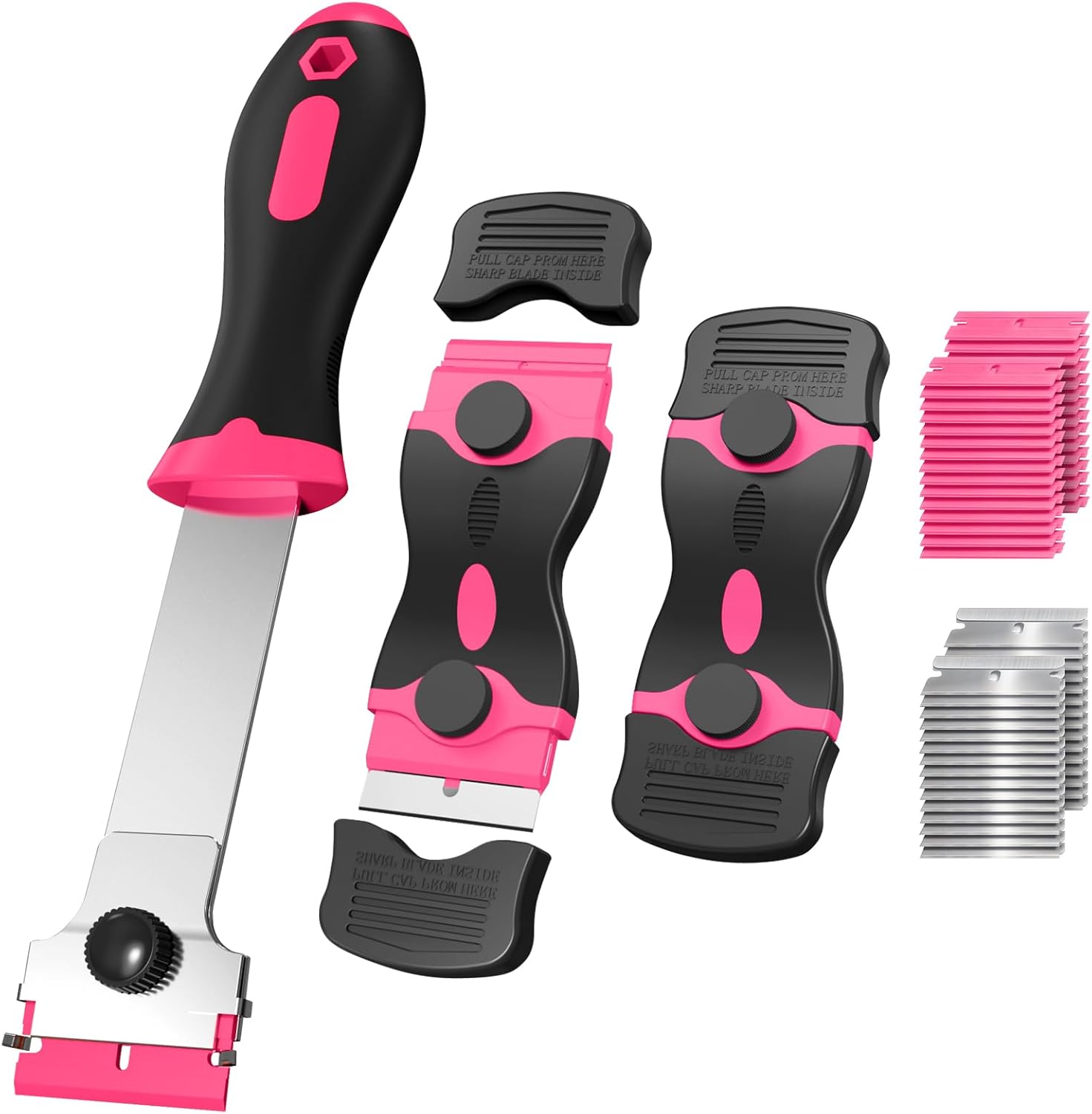 3 Pack Razor Blade Scraper Set, Includes 30 Plastic & 30 Metal Blades, Multi-Purpose Tool for Glass, Cooktop, Sticker Removal, Paint & Gum Cleaning (Pink)