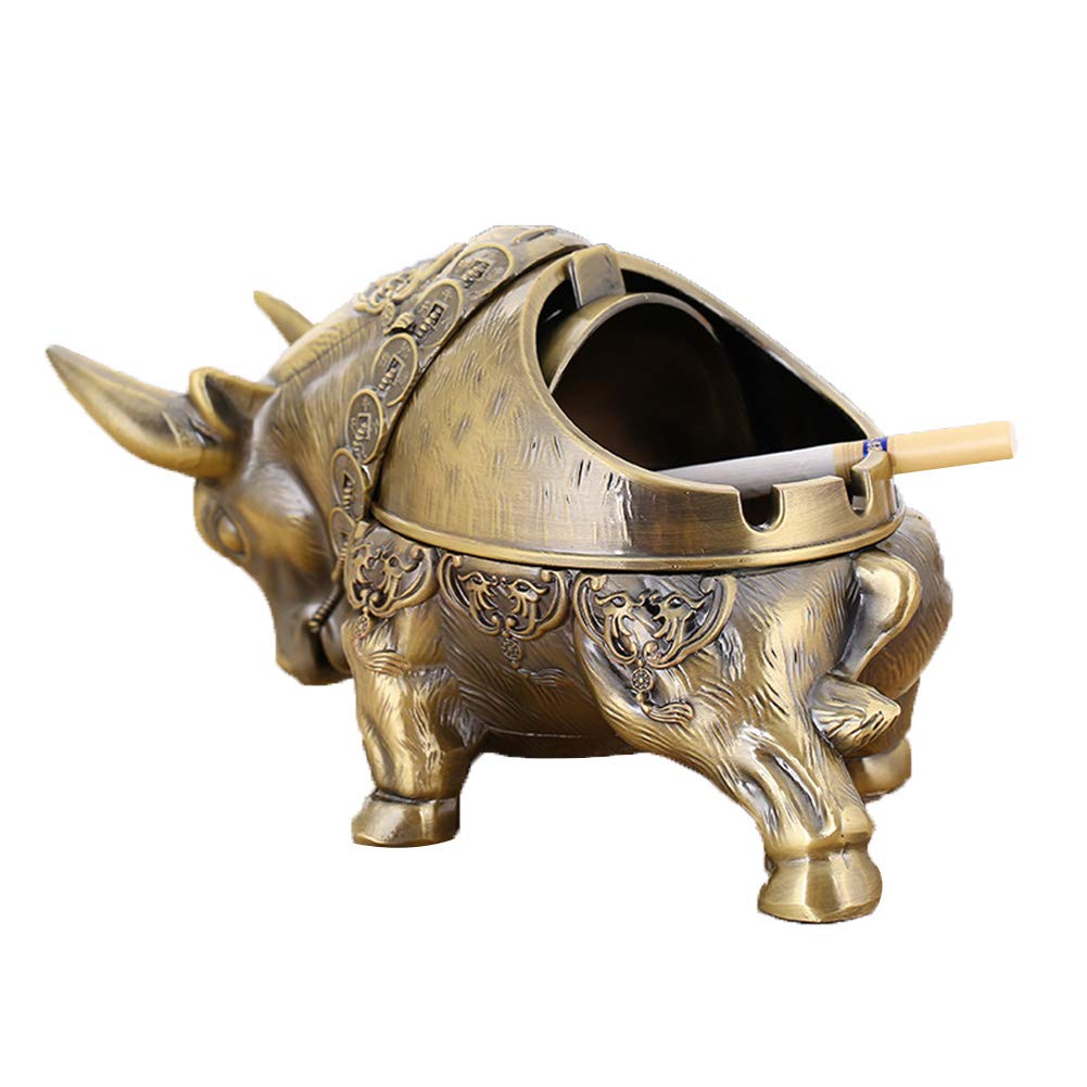 Willcome Popielniczka w stylu vintage z pokrywką, metalowa, wiatroodporna, popielniczka, uchwyt na popiół, dekoracyjny ornament do użytku wewnątrz i na zewnątrz (byk)