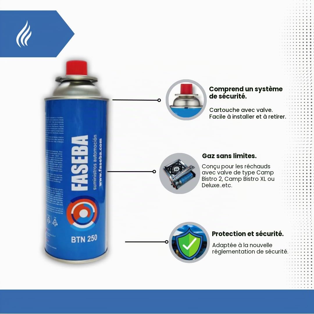 Lot de 28 cartouches de gaz pour camping CP250 227 g avec système de sécurité. Idéal pour cuisinières portables, chalumeaux, brûleurs. Bouteille de camping portable à gaz.
