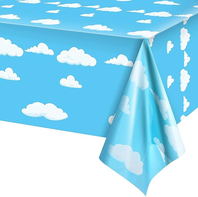 Blue Party Table Cloth Plastic Table Cover 274 x 137 CM Blue Sky White Clouds Rectangular PVC Tablecloth for Kids Birthday Party Supplies Decorations