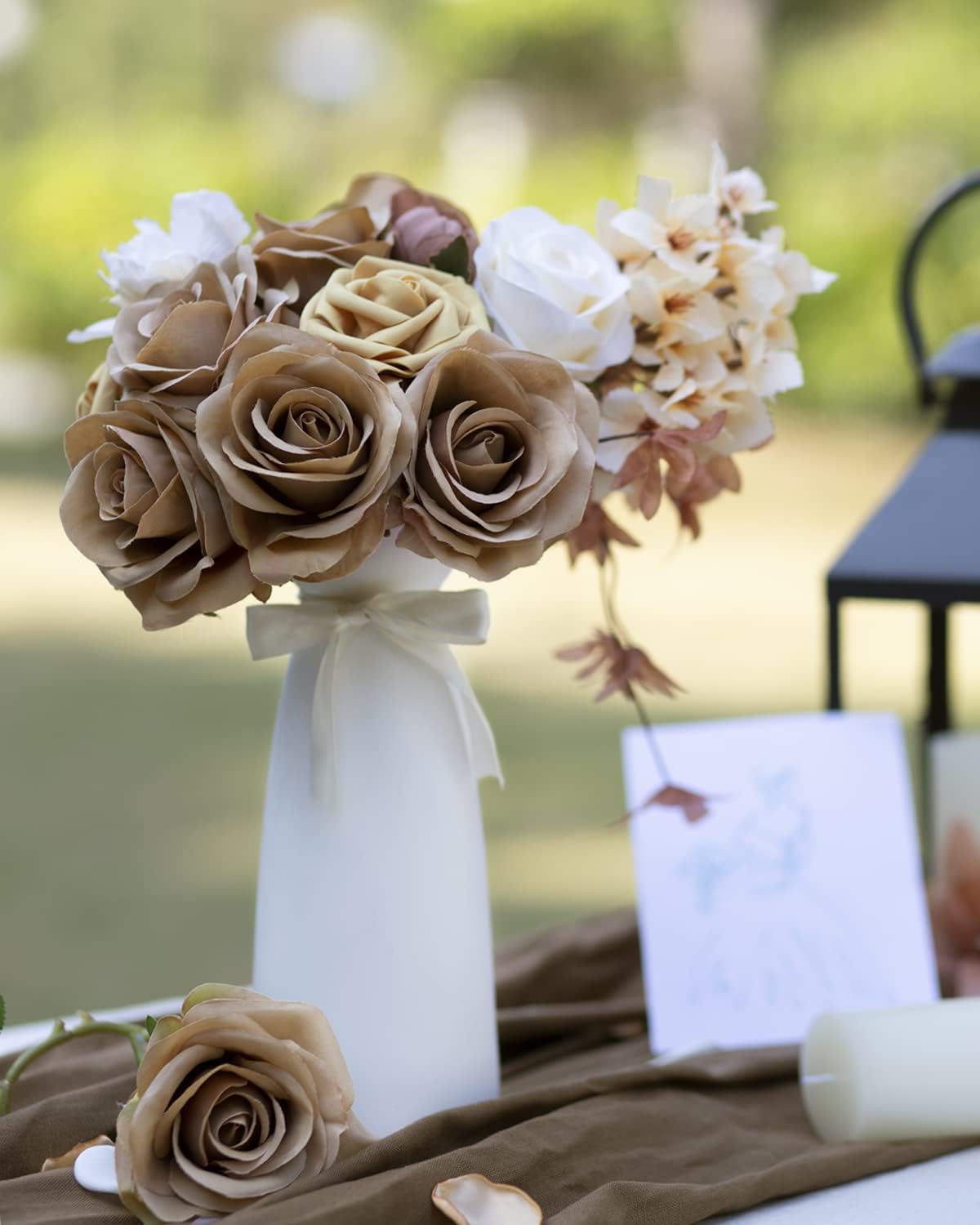 LFF 10pcs Silk Roses Artificial Flowers Fake Long Stem Roses for DIY Wedding Bouquet Home Decoration (Coffee) - Image 5