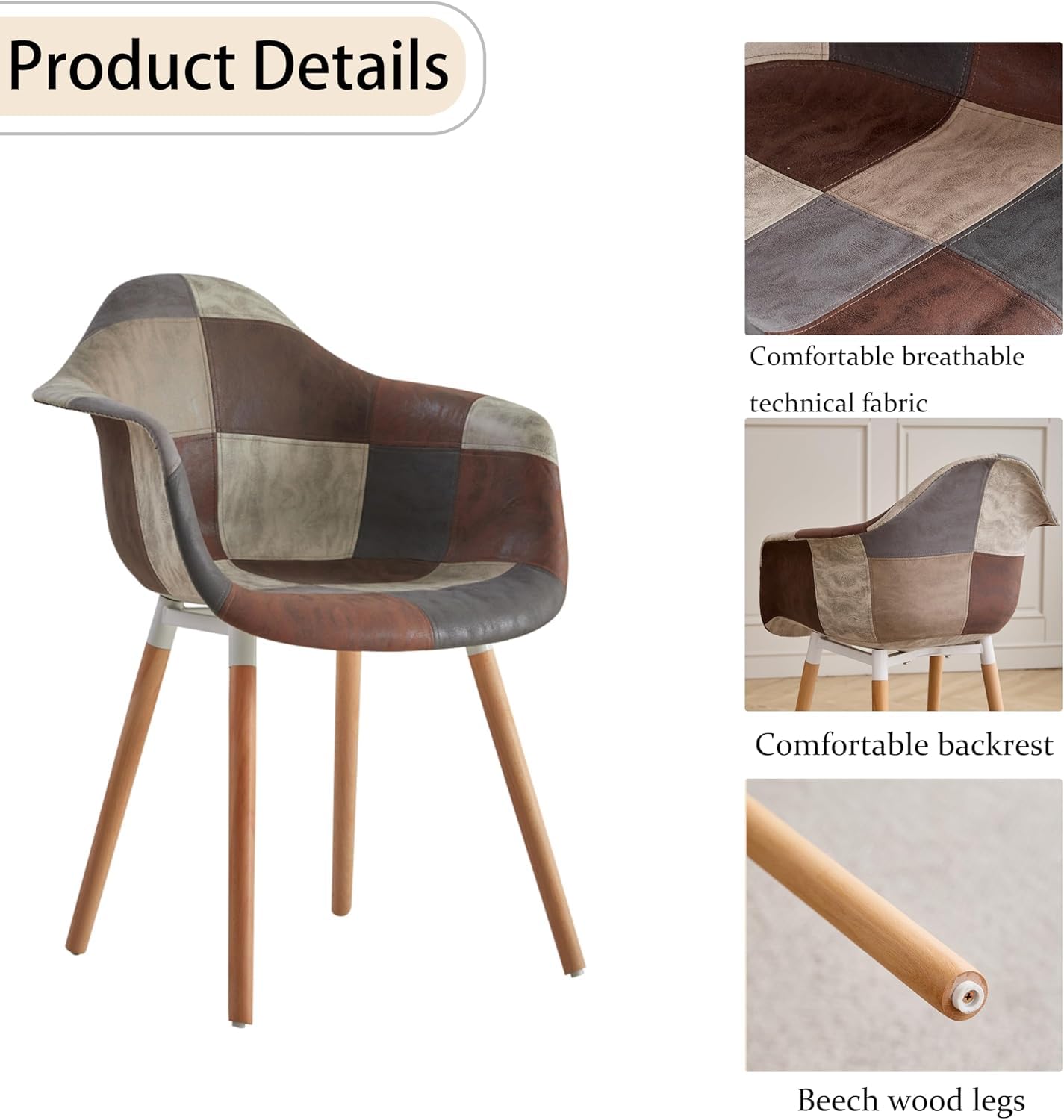 GrandCA HOME 4er-Set Esszimmerstühle, nordische Küchenstühle, gepolsterte Stühle mit Armlehne aus Patchwork-Stoff, Moderne Sessel mit Beinen aus Buchenholz, Braun+Grau