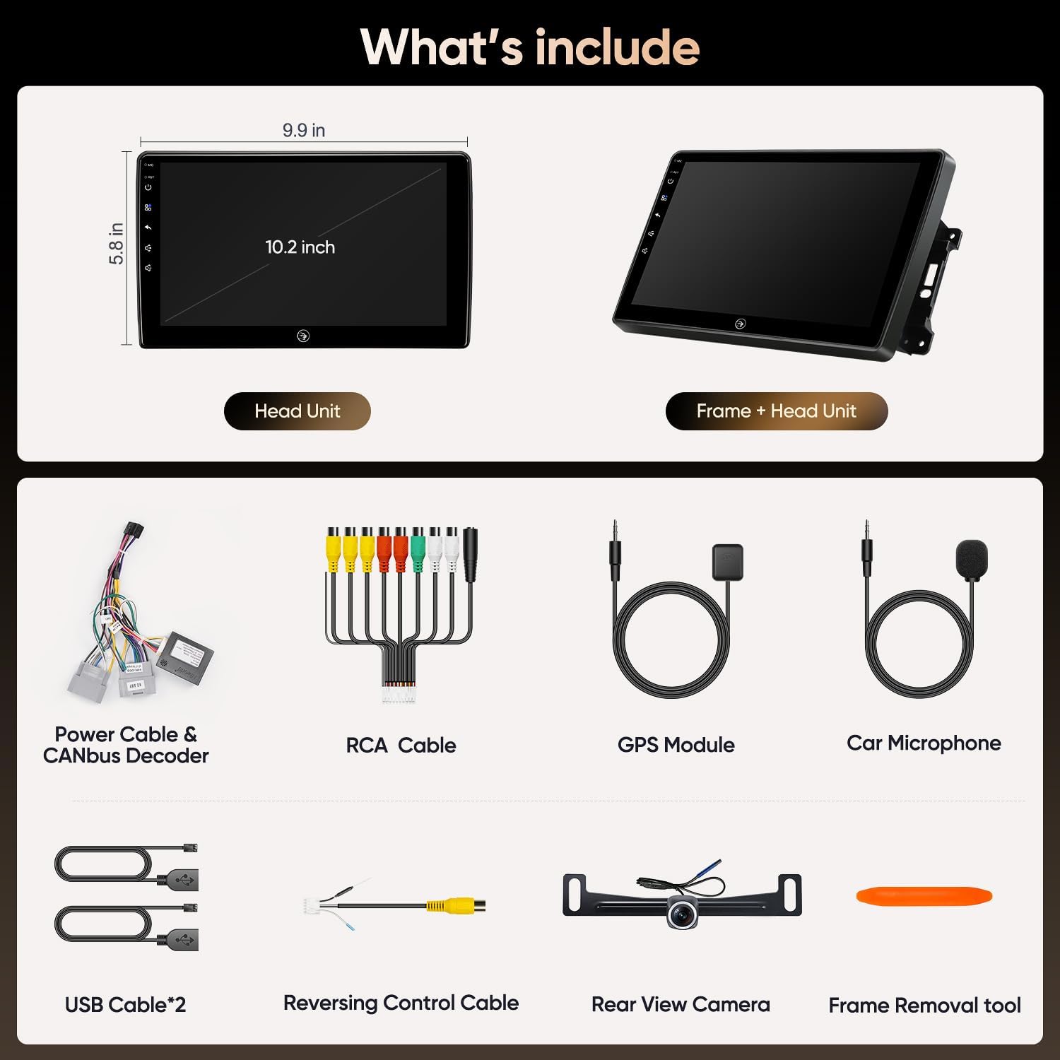 Contents of the AINAVIGO 10.2-inch Car Stereo Radio package, including the head unit, frame, power cables, RCA cable, GPS module, car microphone, USB cables, reversing control cable, rear view camera, and frame removal tool.