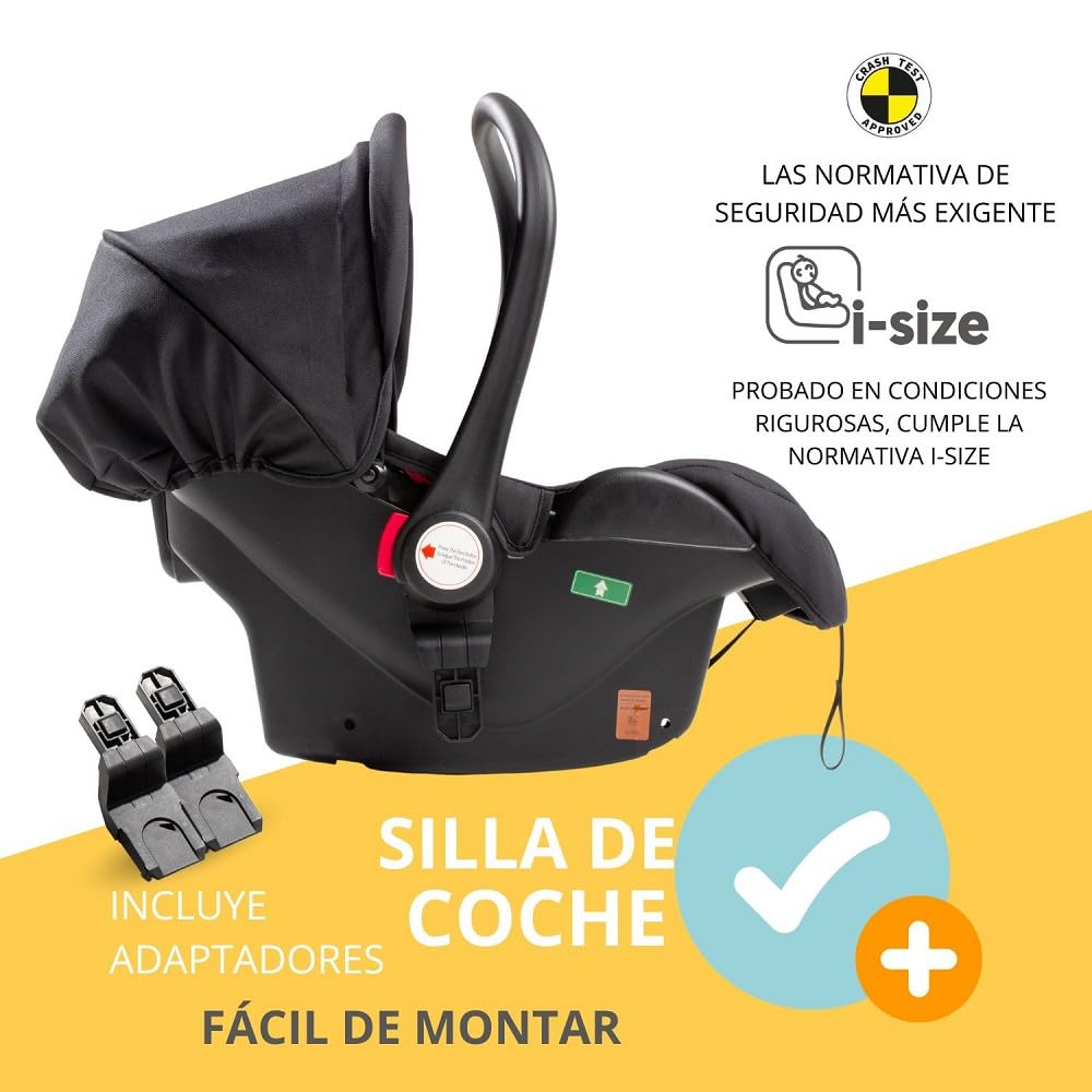 Carrito Bebe 3 en 1 Interbaby | Silla Paseo desde Nacimiento hasta 48 meses o 22 kg | Capazo Acolchado, Amortiguadores, Asiento Ajustable y Silla de Auto (Grupo 0) | Cochecito bebe Modelo Versa Negro