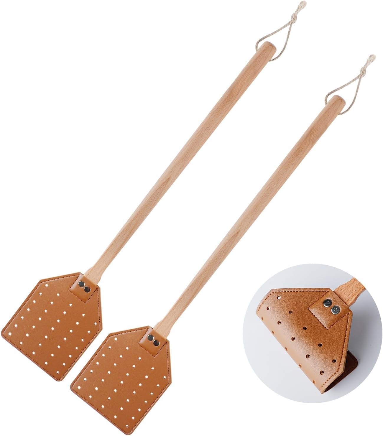 2 Pcs Leather Fly Swatter with Wood Handle, Fly Catcher Insect Mosquito Wasp Pest Control for Indoor Outdoor Home Fly (2pcs brown)