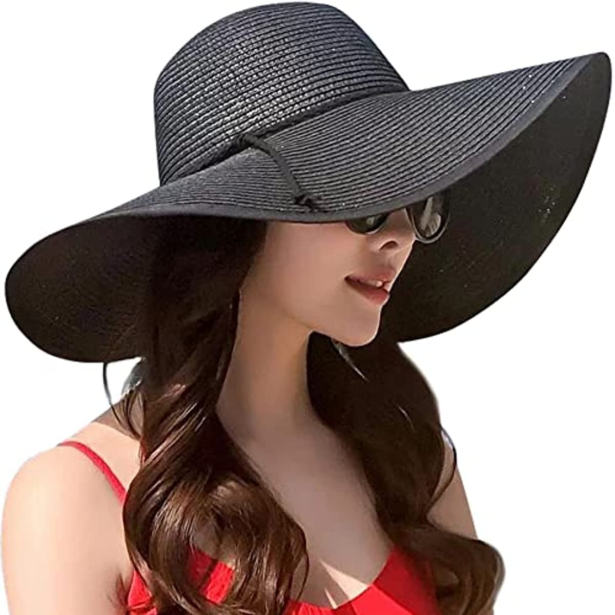 Lanzom Sombrero de paja plegable de ala ancha para mujer de 14 cm, con visera ancha y protección solar UPF 50+