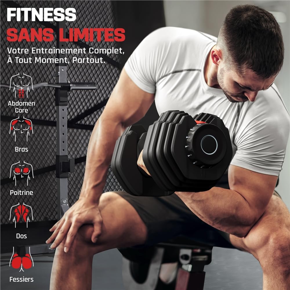 Yaheetech Haltères Réglables 2,5 à 24 kg 15 en 1 avec Base de Rangement, Système de Verrouillage de Sécurité, Poignée Antidérapante pour Entraînement à Domicile, Salle de Sport
