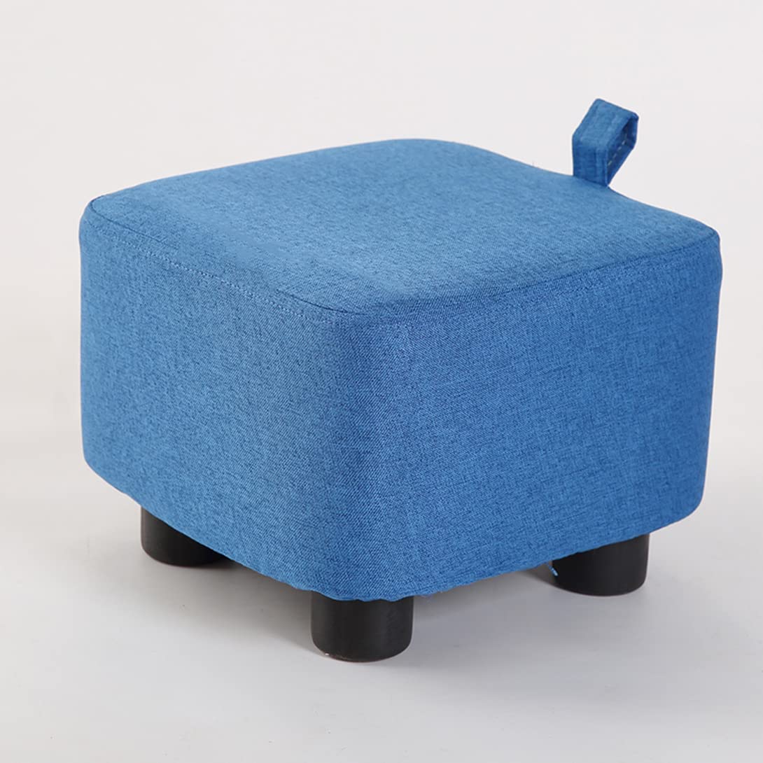 Repose-pieds carré bleu en bois 28x28x20 cm avec assise rembourrée en lin