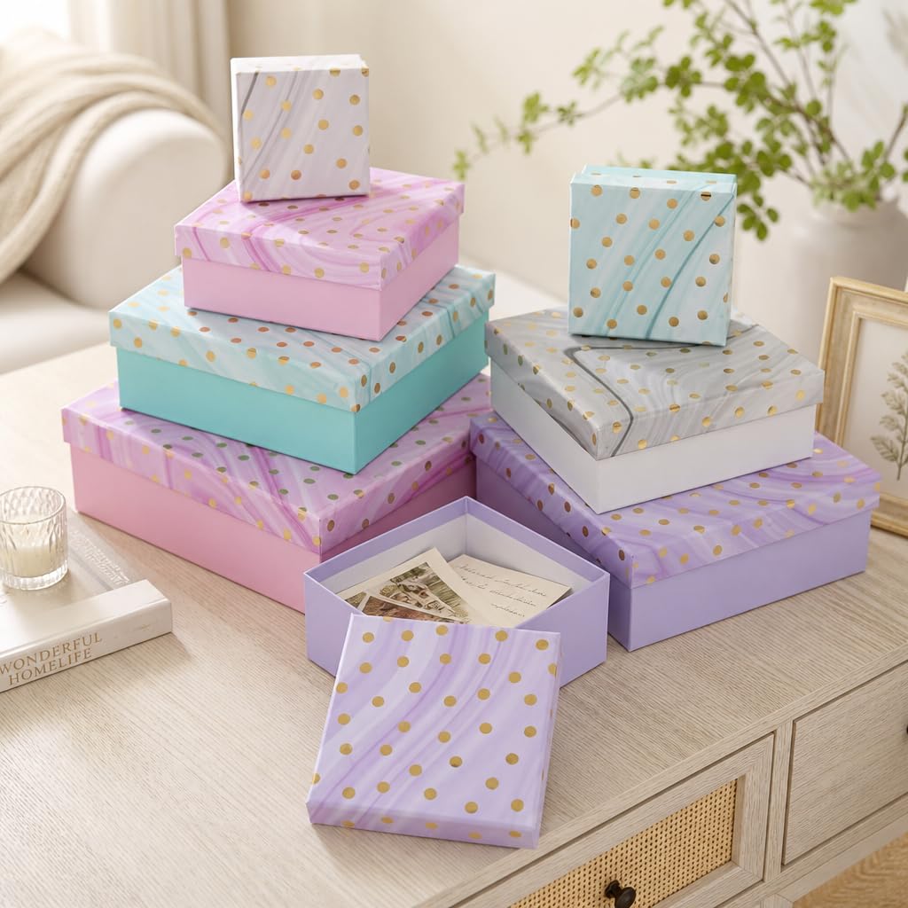 Lot de 8 boîtes cadeaux - Lot de 8 boîtes cadeaux - Pour Noël, anniversaire, mariage, environ 22,5 x 22,5 x 8 cm (multicolore avec pois dorés)