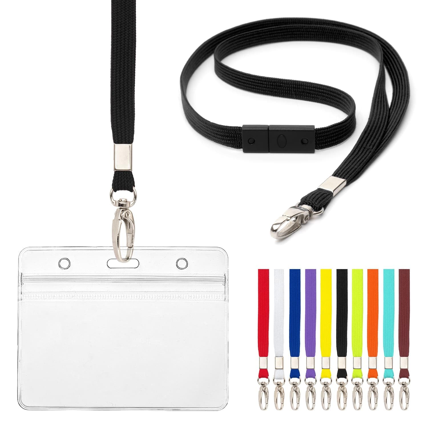 Lanyard with Card Holder 10 Pcs Breakaway Safety Neck Lanyards with Grip Seal Clear Waterproof Holders ID Name Tag Plastic Wallet Badges for Work ID Business Events Holds 9 x 6.8cm (Black)