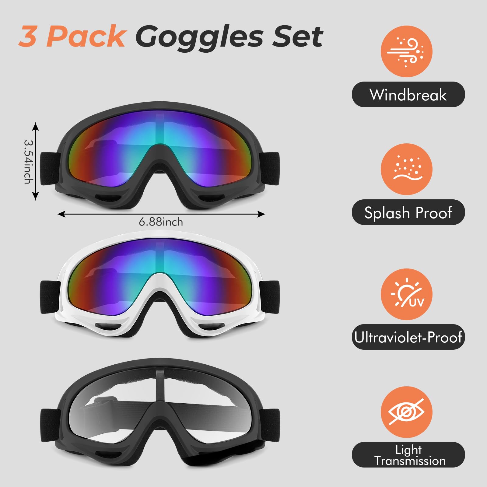 Lot de 3 paires de lunettes de moto rembourrées pour moto tout-terrain, VTT, ski, motocross, équitation, protection UV, anti-poussière et coupe-vent pour homme, femme, enfant (transparent, noir +