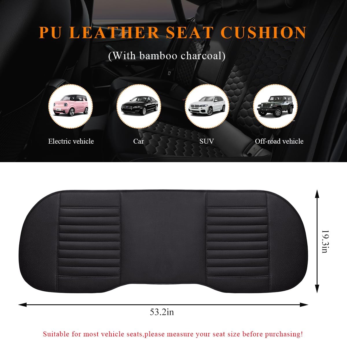 BWBWND Leather Car Seat Cover, Breathable Rear Seat Bottom Cushion Pad Filling Bamboo Charcoal, Comfortable Anti-Slip Vehicle Long Bench Cover with Storage Pockets, Car Accessories (Black)