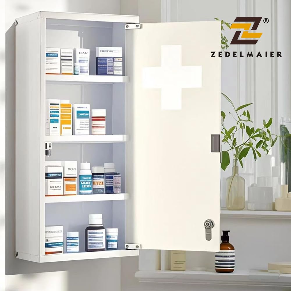 Zedelmaier Medizinschrank aus Edelstahl,Medikamenten Aufbewahrung,Medikamentenschrank 4 Fächer,Apothekerschrank,Badezimmerschrank,Hängend,Abschließbarer Medizinschrank,57 x 27 x 12 cm,Weiß
