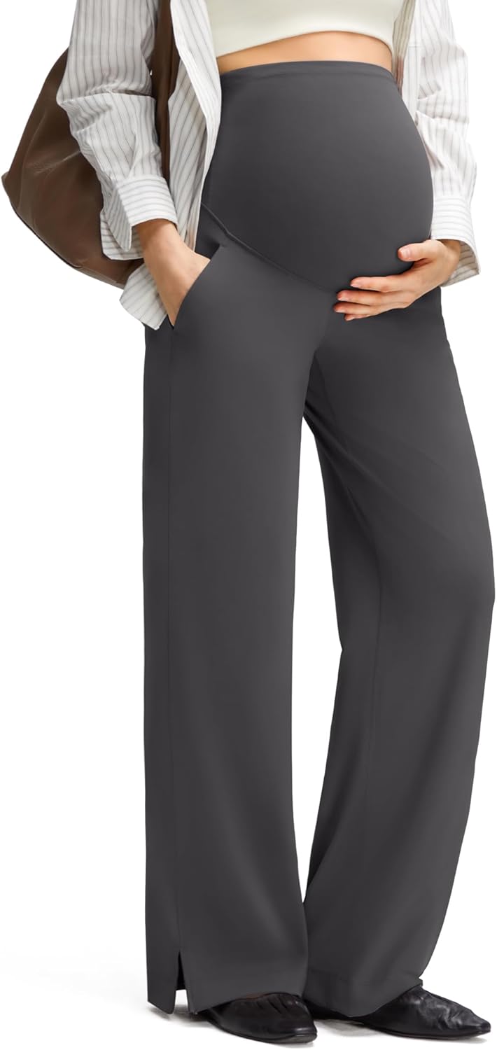 G4Free ShiftReady Maternity Work Pants with Pockets Over The Belly Pregnancy Wide Leg Dress Trousers