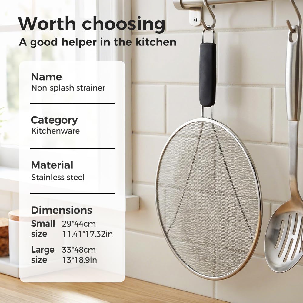 Stainless Steel Grease Splatter Guard, Large Fine Mesh Splatter Screen with Comfort Handle for Frying Pans & Cooking Pots, Fine Mesh Cover, Shield from Grease & Oil (M + L)
