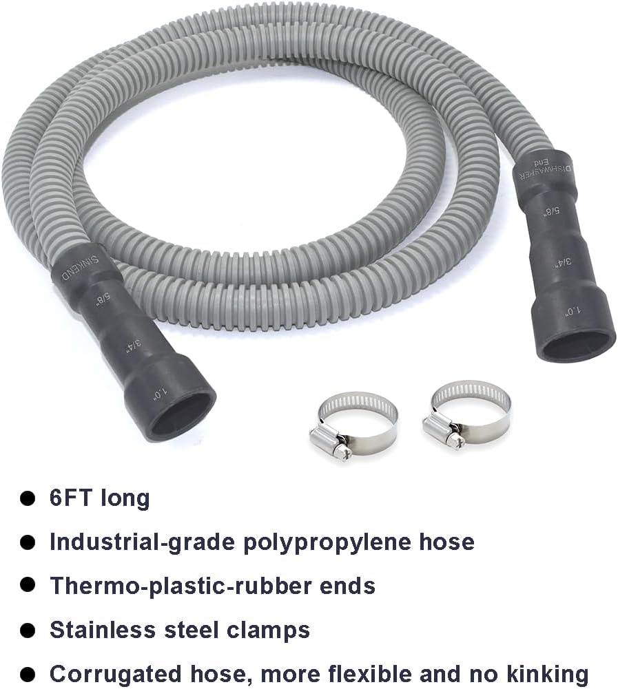 TTFLEX Dishwasher Drain Hose 6 FT, Flexible Discharge Dishwasher Hose with Stainless Steel Clamps, Trim to Fit 5/8", 3/4", or 1" Dishwasher Outlet and Garbage Disposal/Sink End