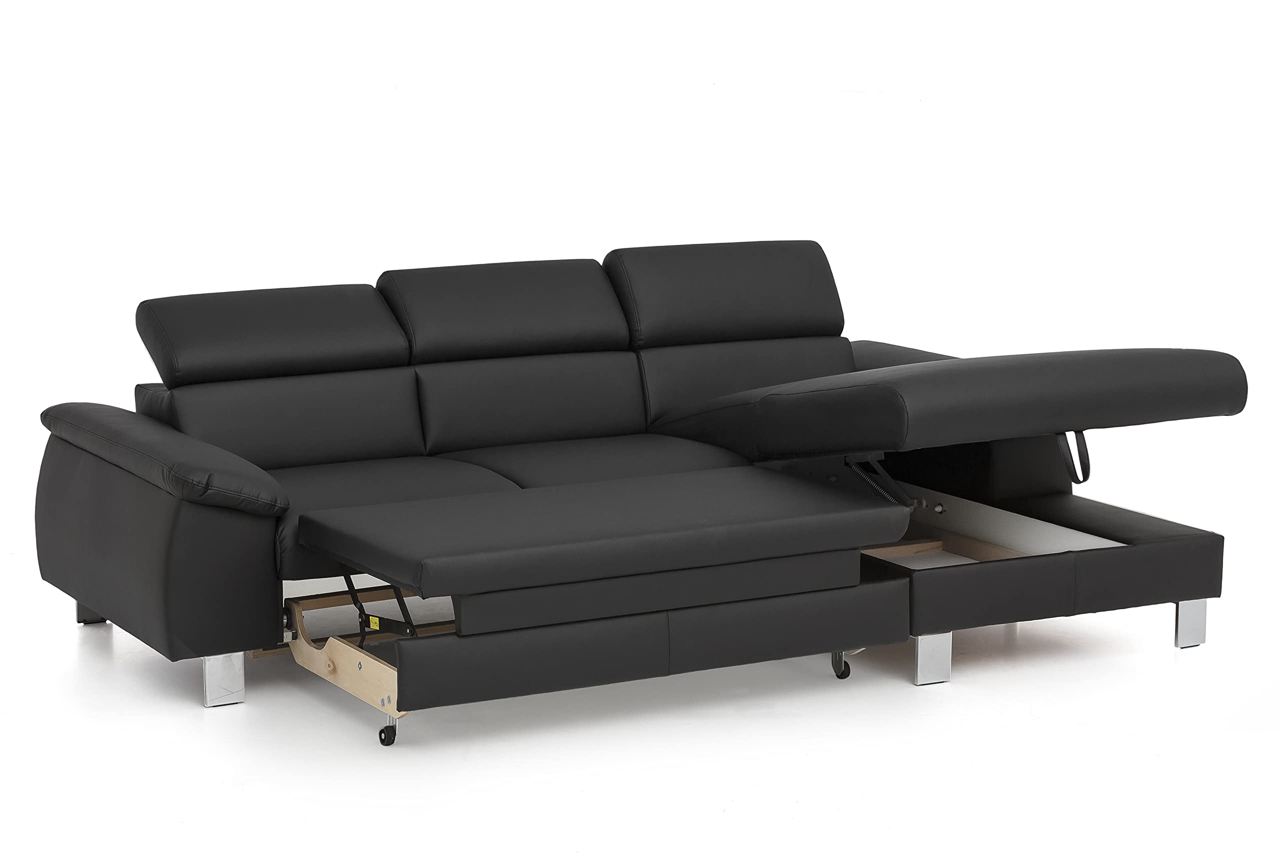 Mivano Ecksofa Micky mit Recamiere / L-Form-Sofa mit Schlaffunktion, Bettkasten und Kopfteilverstellung / 244 x 72 x 166 / Kunstleder, Schwarz