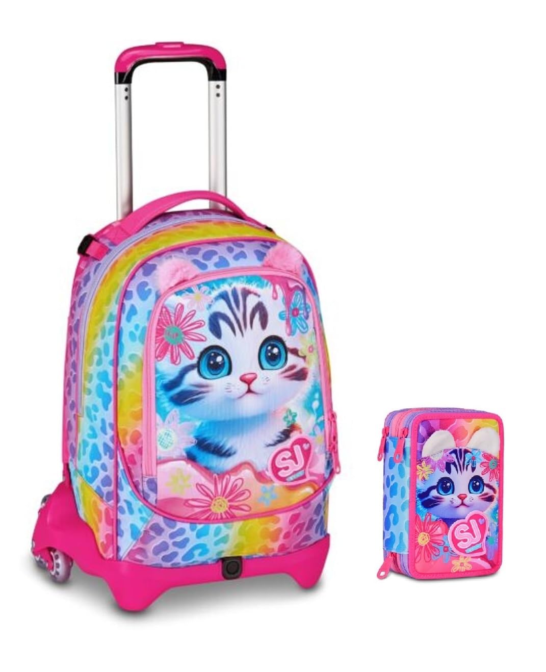 PRESTIGE & DELUXE Trolley Scuola Jack 3 Ruote staccabile Cat & Air Gattino, 3 in 1 per Scuola Elementare Bambina + Astuccio 3 zip con cancelleria + 7 penne cancellabili e portachiave pailettes